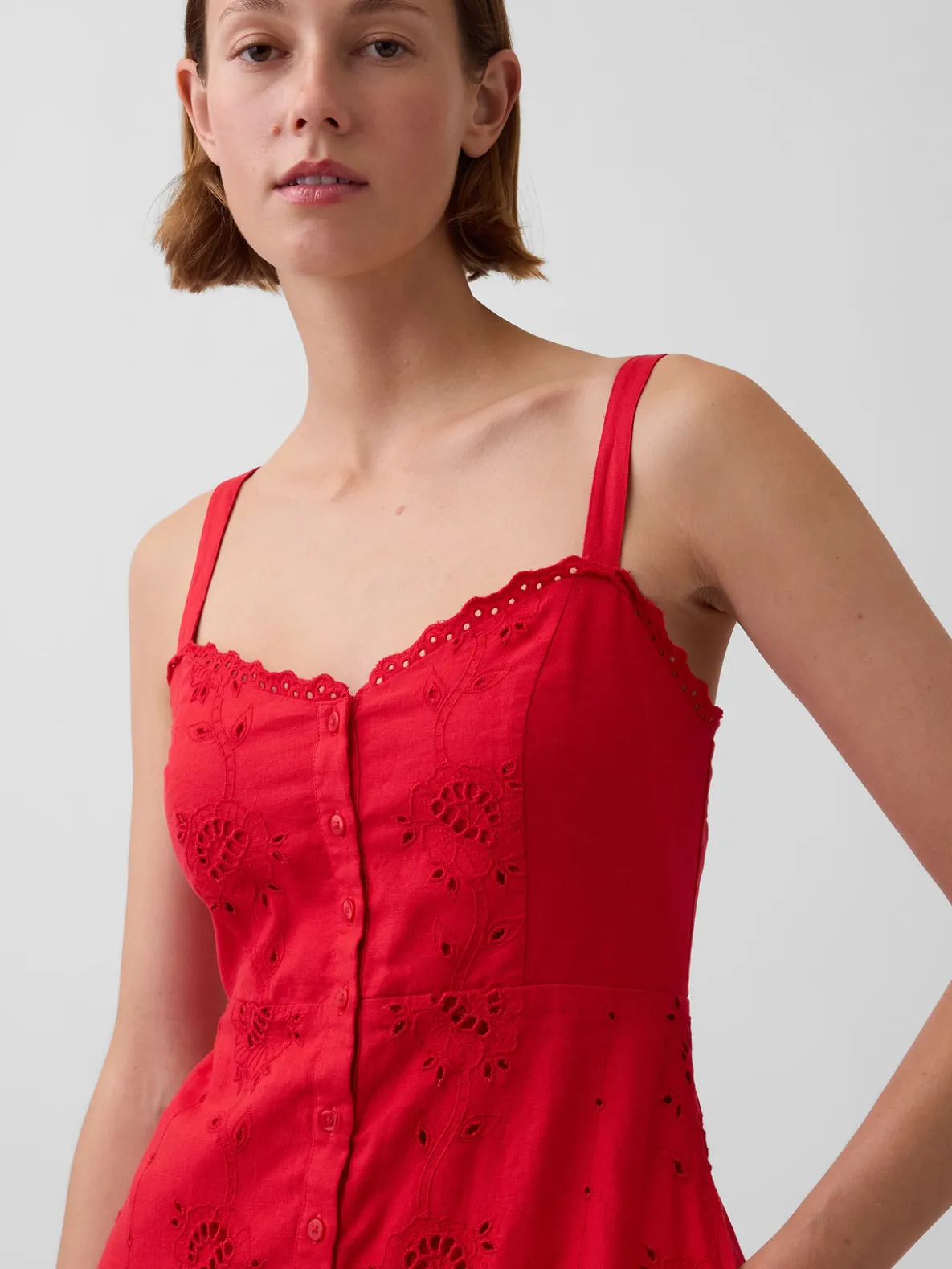 Linen-Blend Embroidered Button-Front Cami Maxi Dress