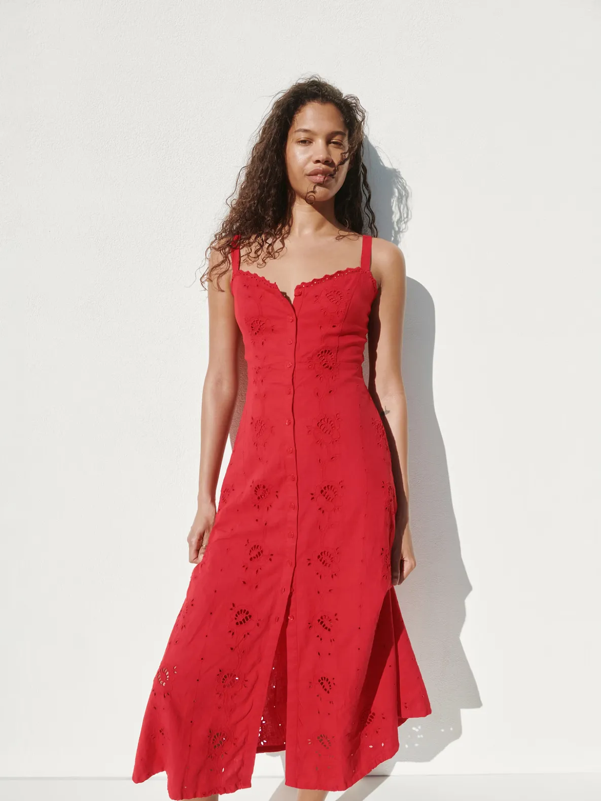 Linen-Blend Embroidered Button-Front Cami Maxi Dress