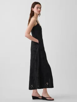 Linen-Blend Embroidered Button-Front Cami Maxi Dress