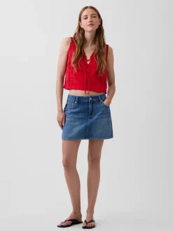 Linen-Blend Embroidered Crop Shell Tank Top