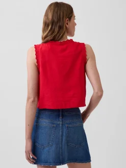 Linen-Blend Embroidered Crop Shell Tank Top