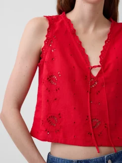 Linen-Blend Embroidered Crop Shell Tank Top
