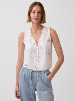 Linen-Blend Embroidered Crop Shell Tank Top