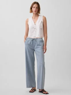 Linen-Blend Embroidered Crop Shell Tank Top