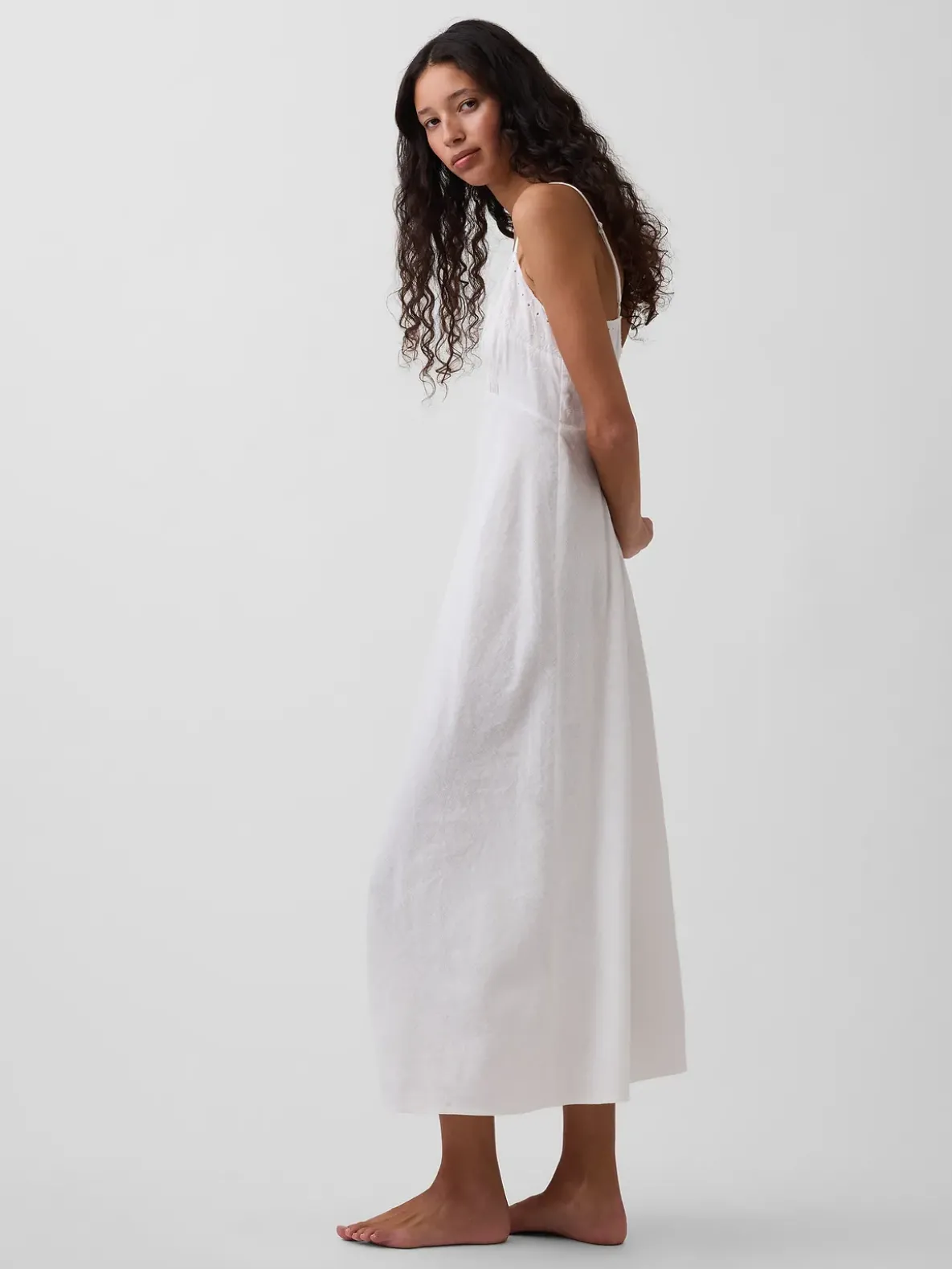 Linen-Blend Embroidered Midi Dress