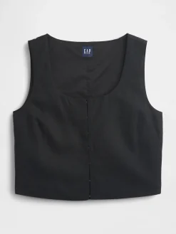 Linen-Blend Hook-Front Crop Shell Top