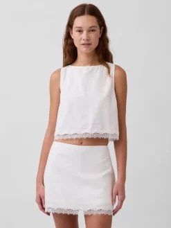 Linen-Blend Lace-Hem Crop Shell Top