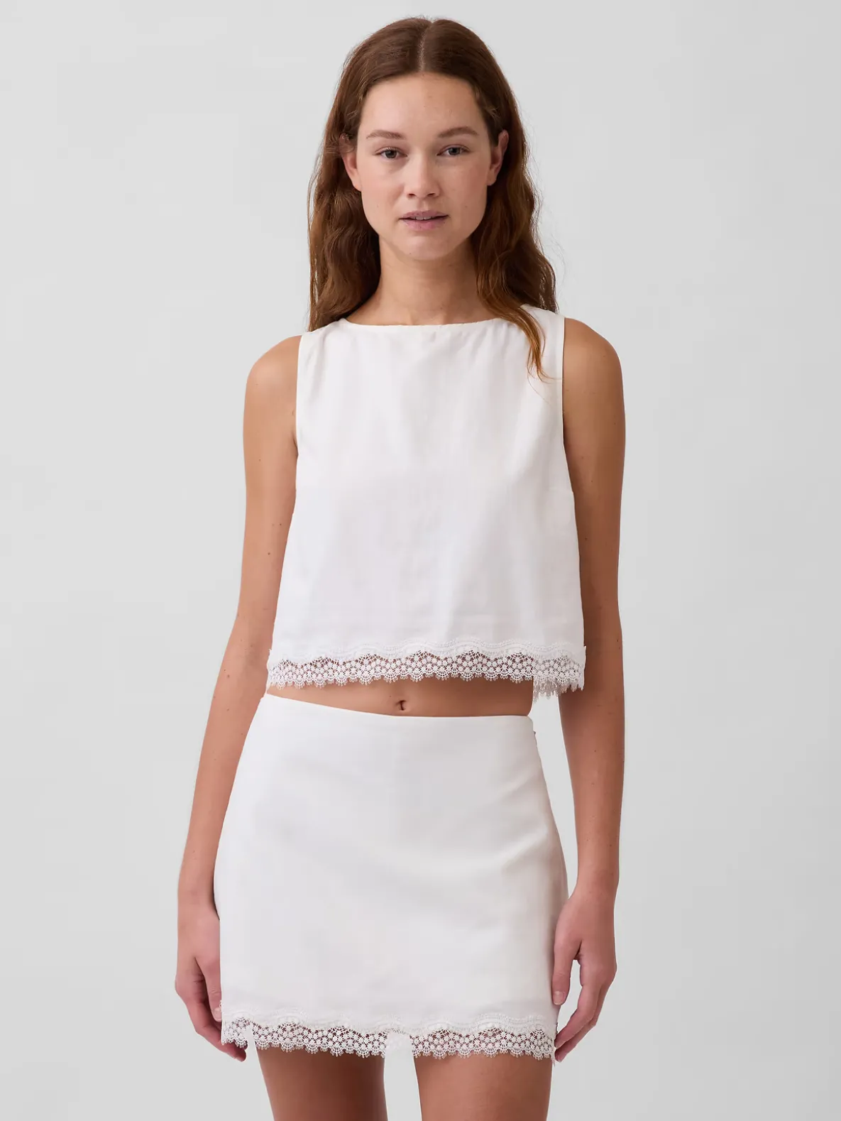 Linen-Blend Lace-Hem Crop Shell Top