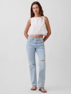 Linen-Blend Lace-Hem Crop Shell Top