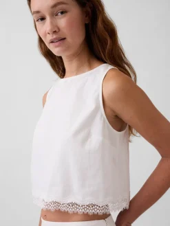 Linen-Blend Lace-Hem Crop Shell Top
