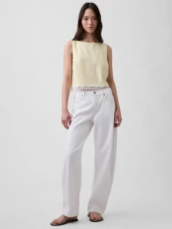 Linen-Blend Lace-Hem Crop Shell Top