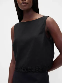 Linen-Blend Lace-Hem Crop Shell Top