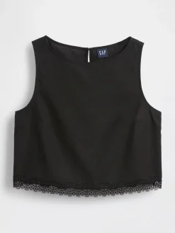 Linen-Blend Lace-Hem Crop Shell Top
