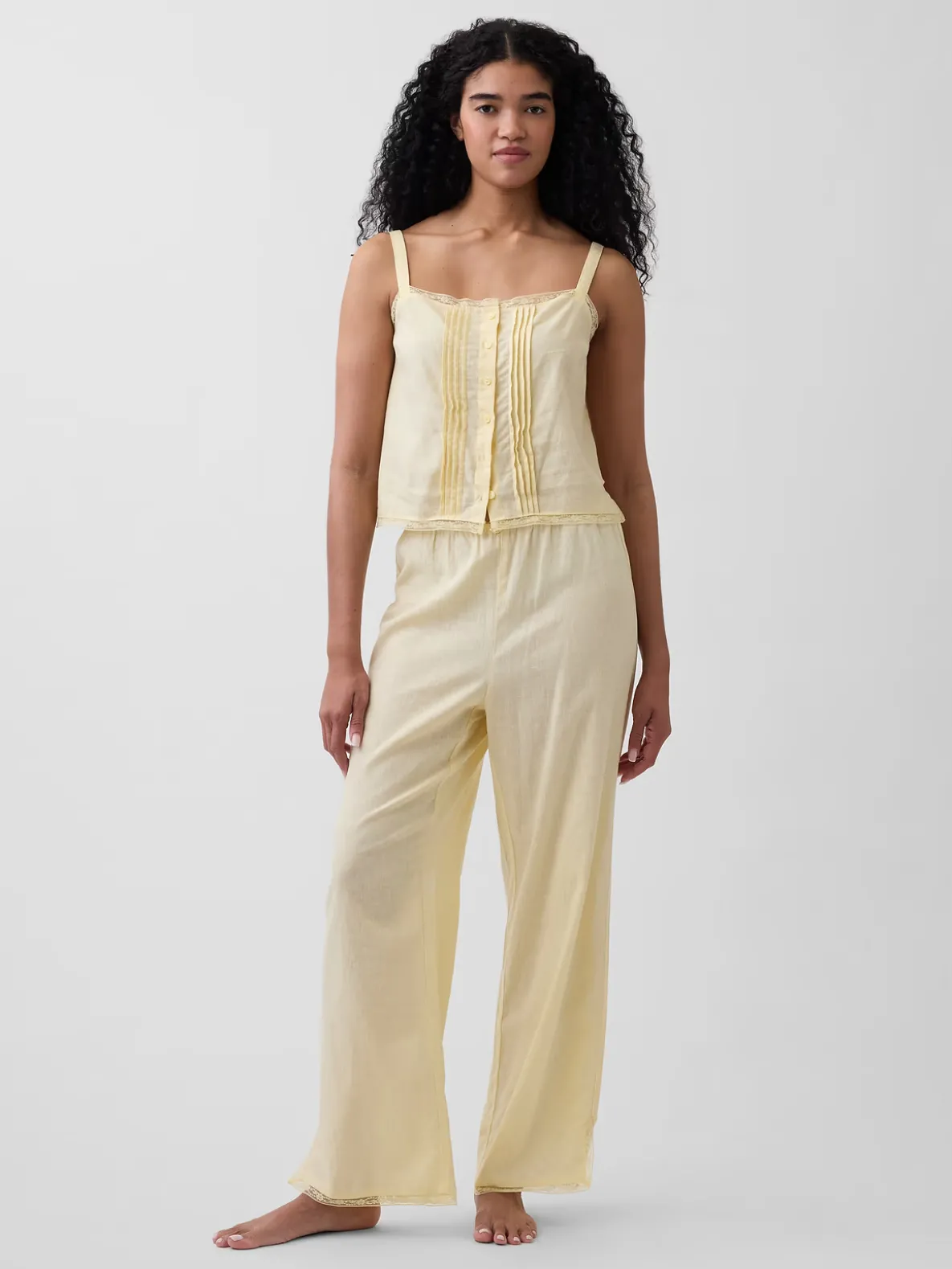 Linen-Blend Lace-Hem PJ Pants