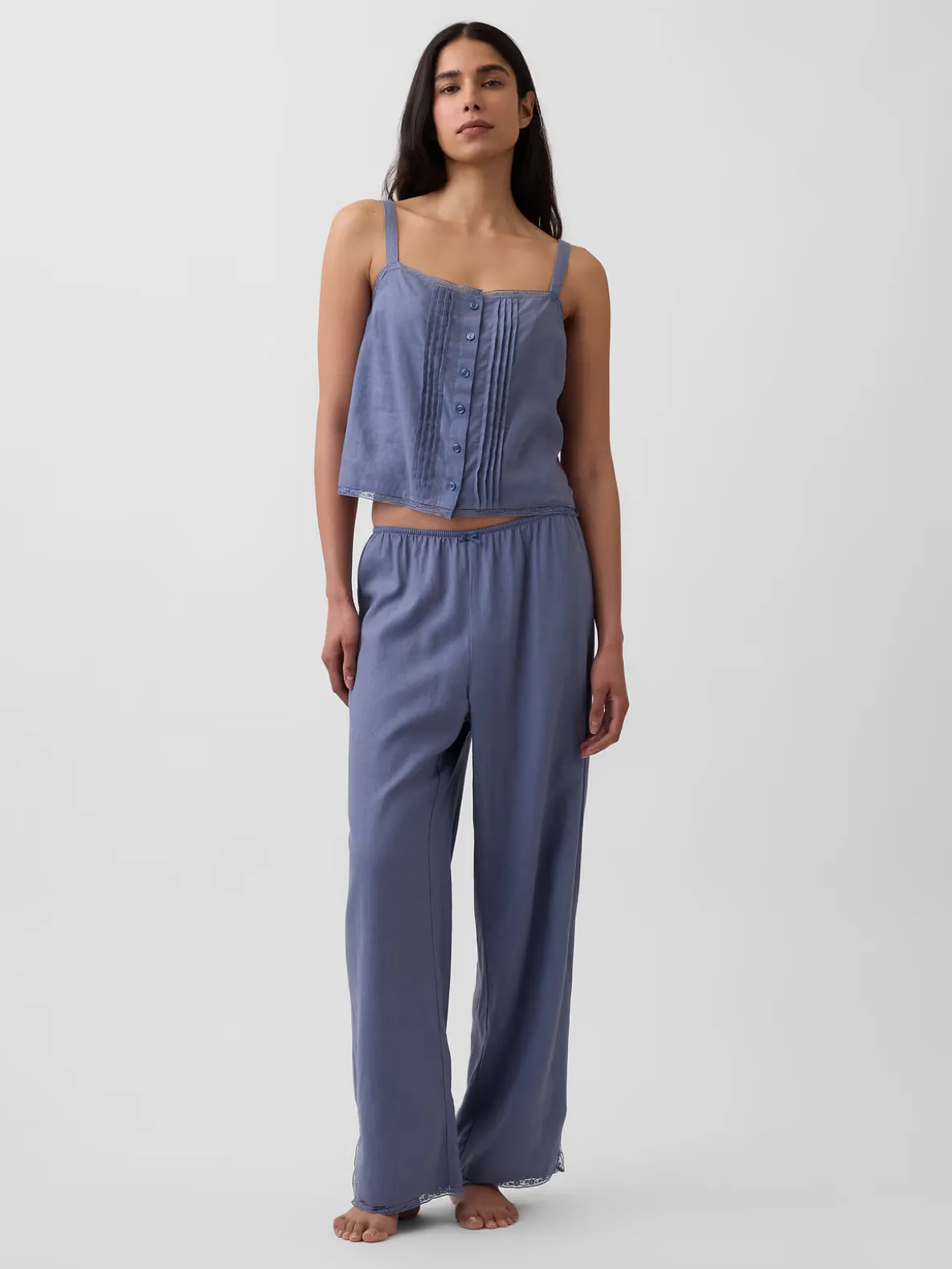 Linen-Blend Lace-Hem PJ Pants