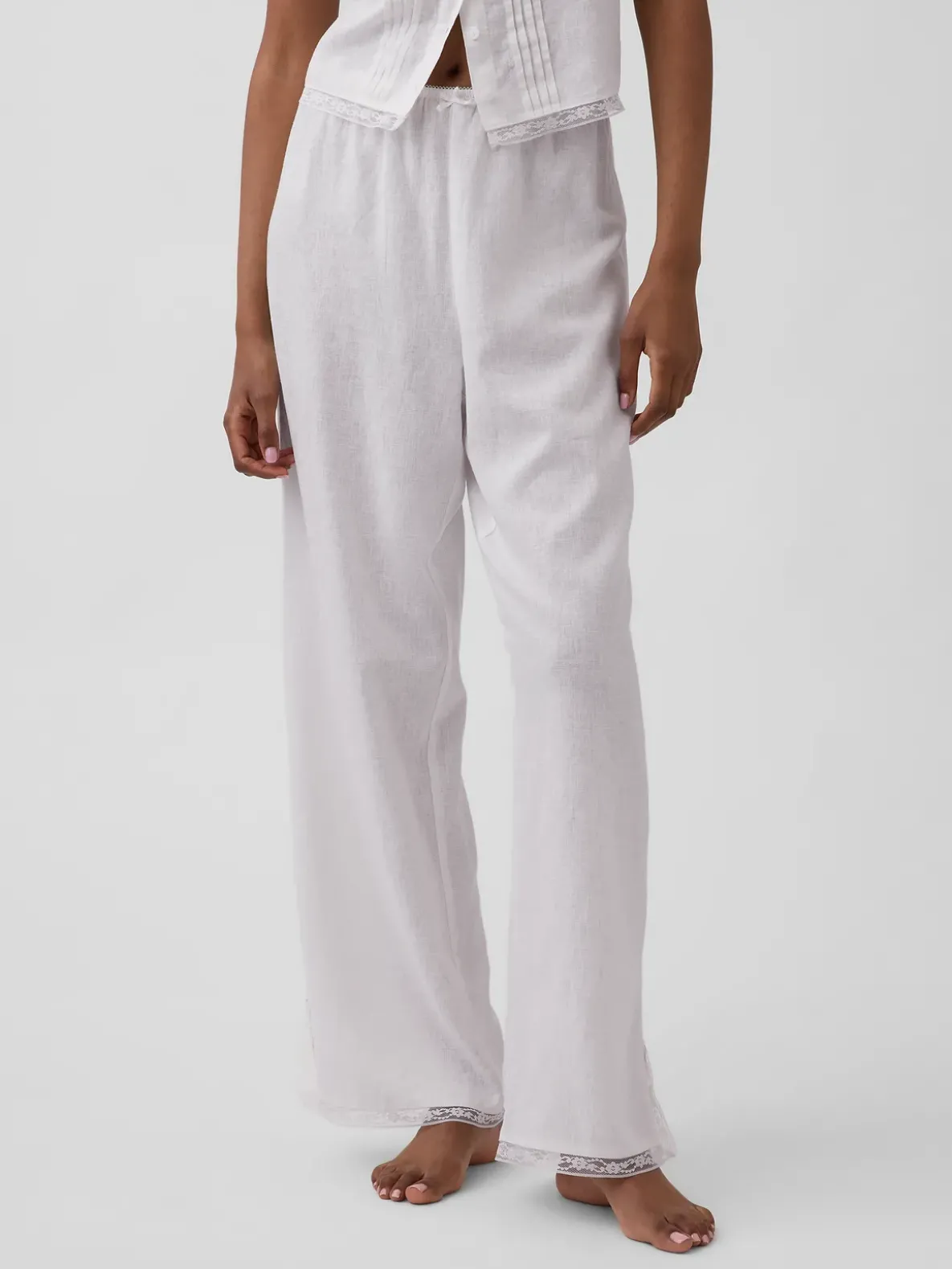 Linen-Blend Lace-Hem PJ Pants