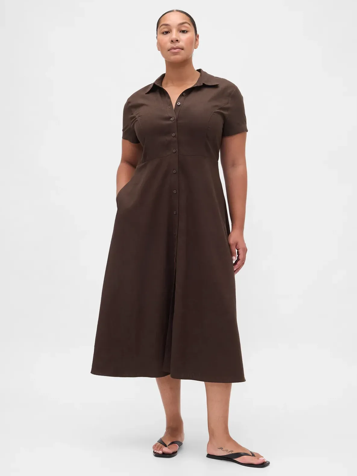Linen-Blend Midi Shirtdress