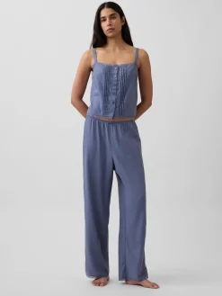 Linen-Blend Pintuck Crop PJ Tank Top