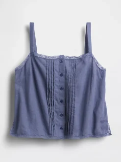 Linen-Blend Pintuck Crop PJ Tank Top