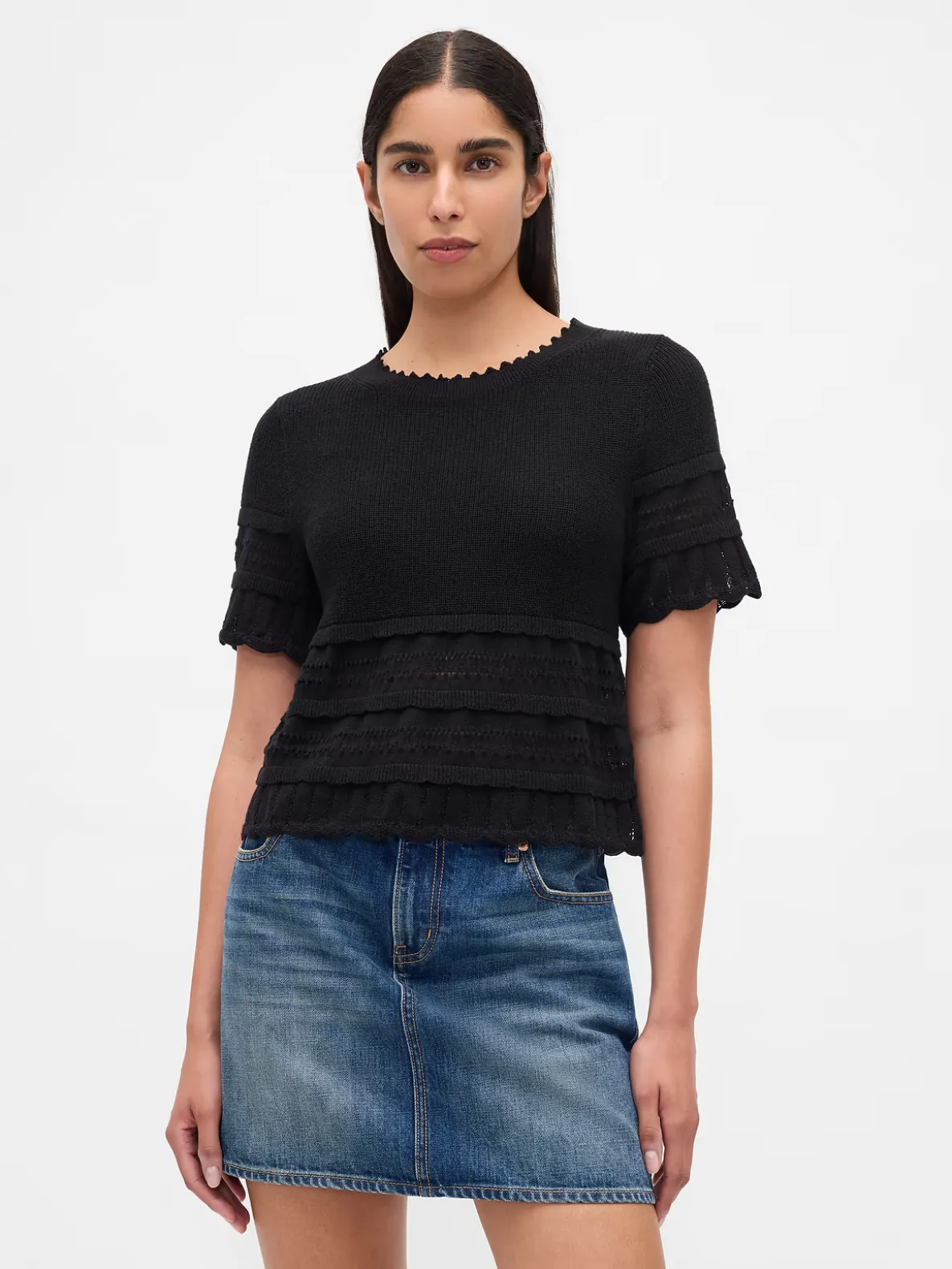 Linen-Blend Pointelle Sweater Crop Top