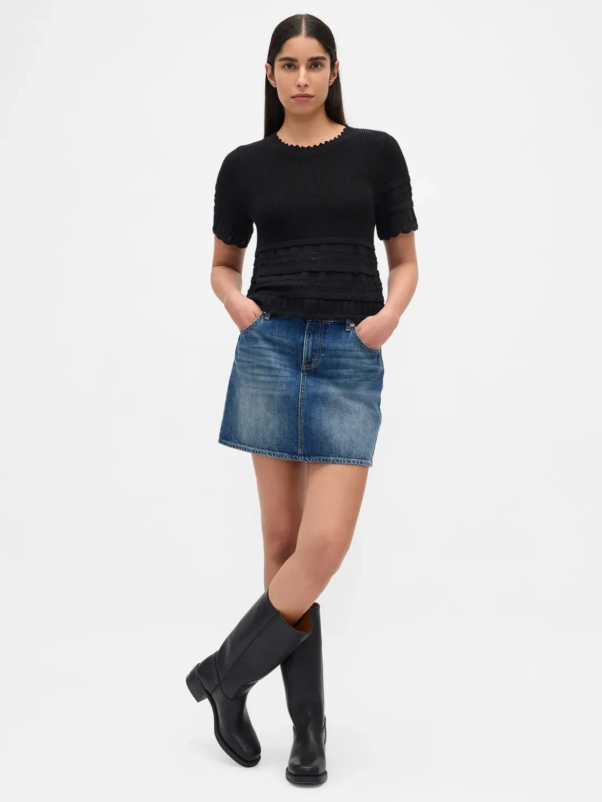 Linen-Blend Pointelle Sweater Crop Top