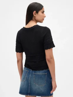 Linen-Blend Pointelle Sweater Crop Top