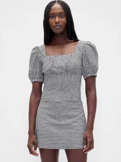 Linen-Blend Puff-Sleeve Crop Corset Top
