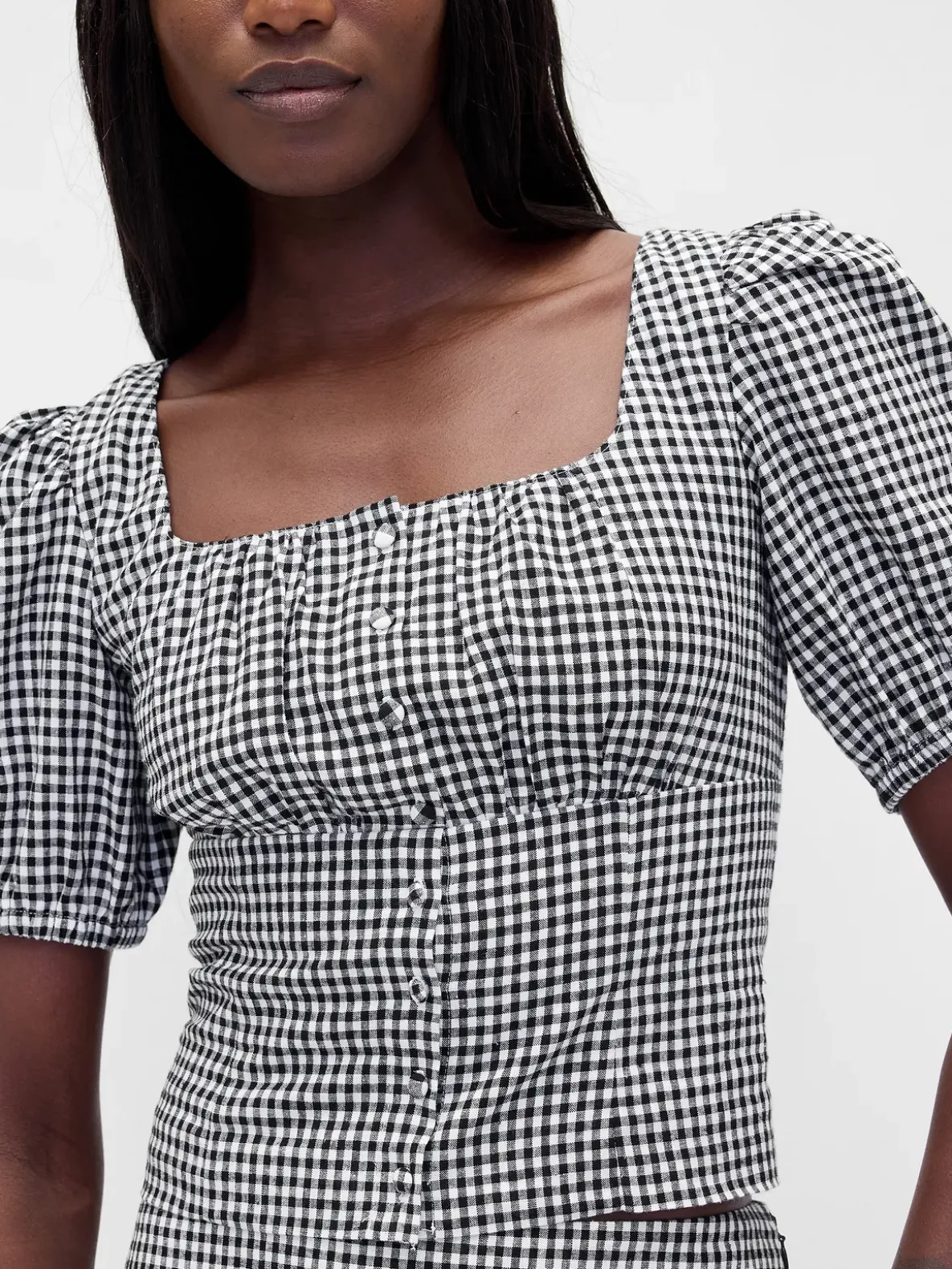 Linen-Blend Puff-Sleeve Crop Corset Top
