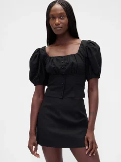 Linen-Blend Puff-Sleeve Crop Corset Top