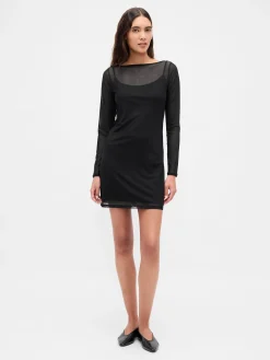Mesh Boatneck Mini Dress