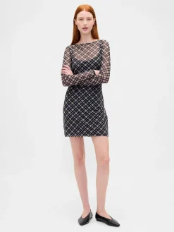 Mesh Boatneck Mini Dress