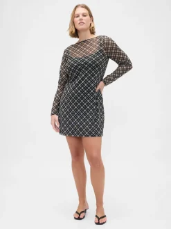 Mesh Boatneck Mini Dress