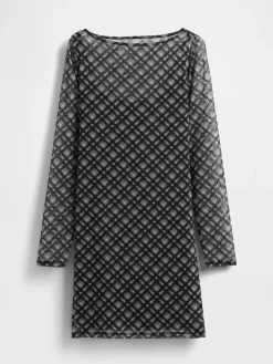 Mesh Boatneck Mini Dress