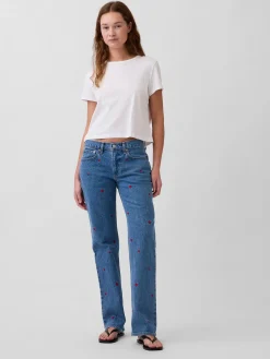 Mid Rise Embroidered Relaxed Straight Jeans