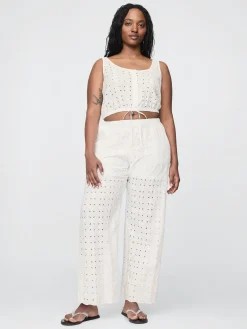 Mid Rise Eyelet Easy Wide-Leg Pants