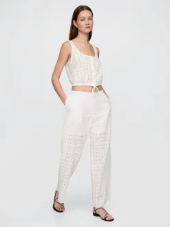 Mid Rise Eyelet Easy Wide-Leg Pants