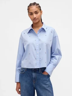 Organic Cotton Embellished Straight-Hem Crop Shirt