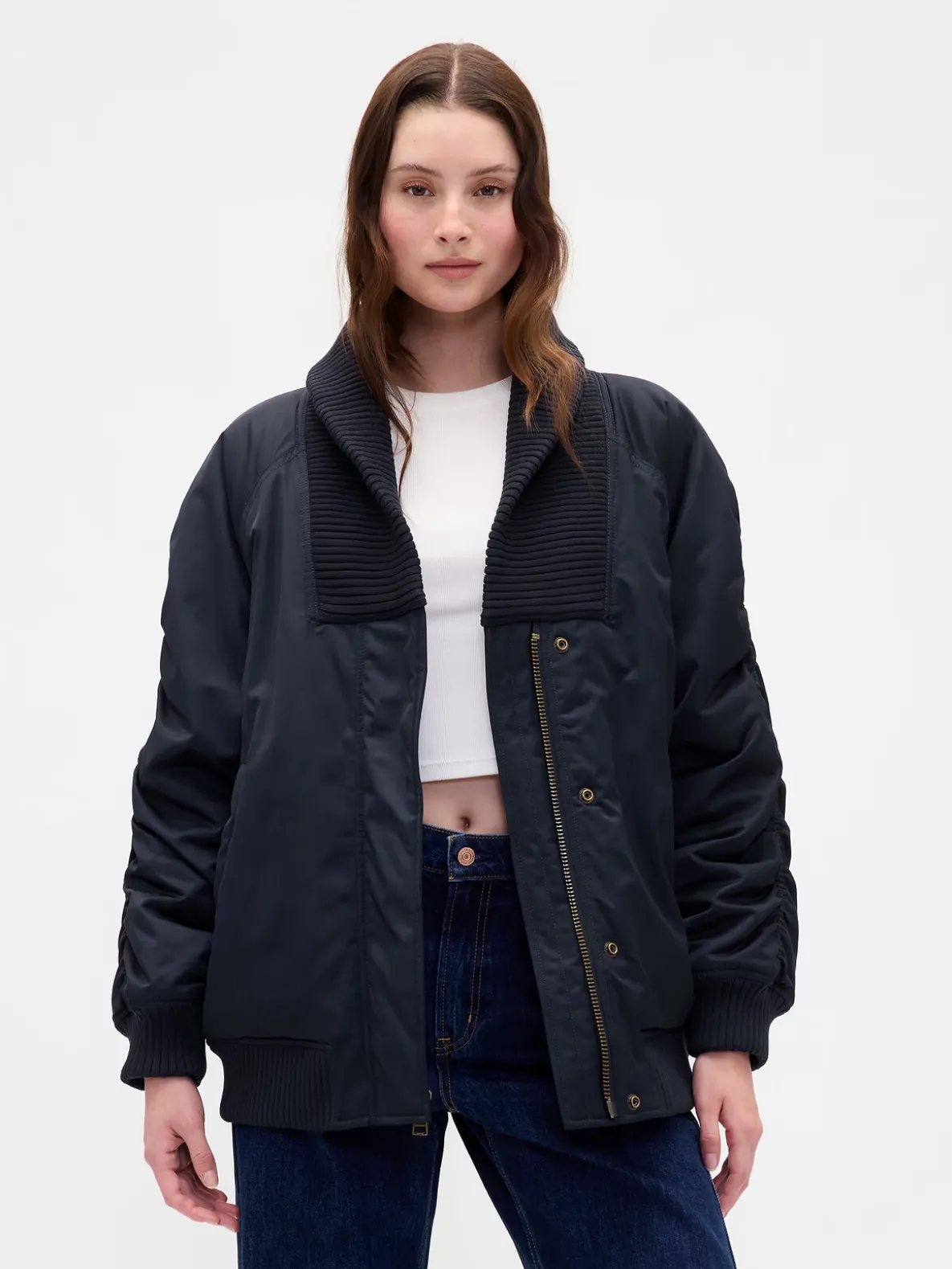 Oversized Knit-Trim Bomber Jacket
