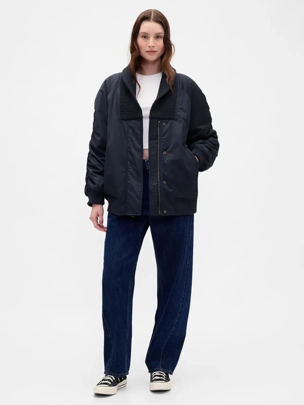 Oversized Knit-Trim Bomber Jacket