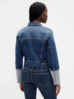 Pin-Cuff Crop Icon Denim Jacket