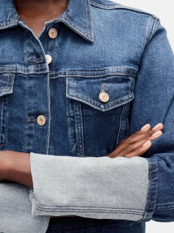 Pin-Cuff Crop Icon Denim Jacket