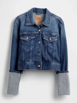 Pin-Cuff Crop Icon Denim Jacket