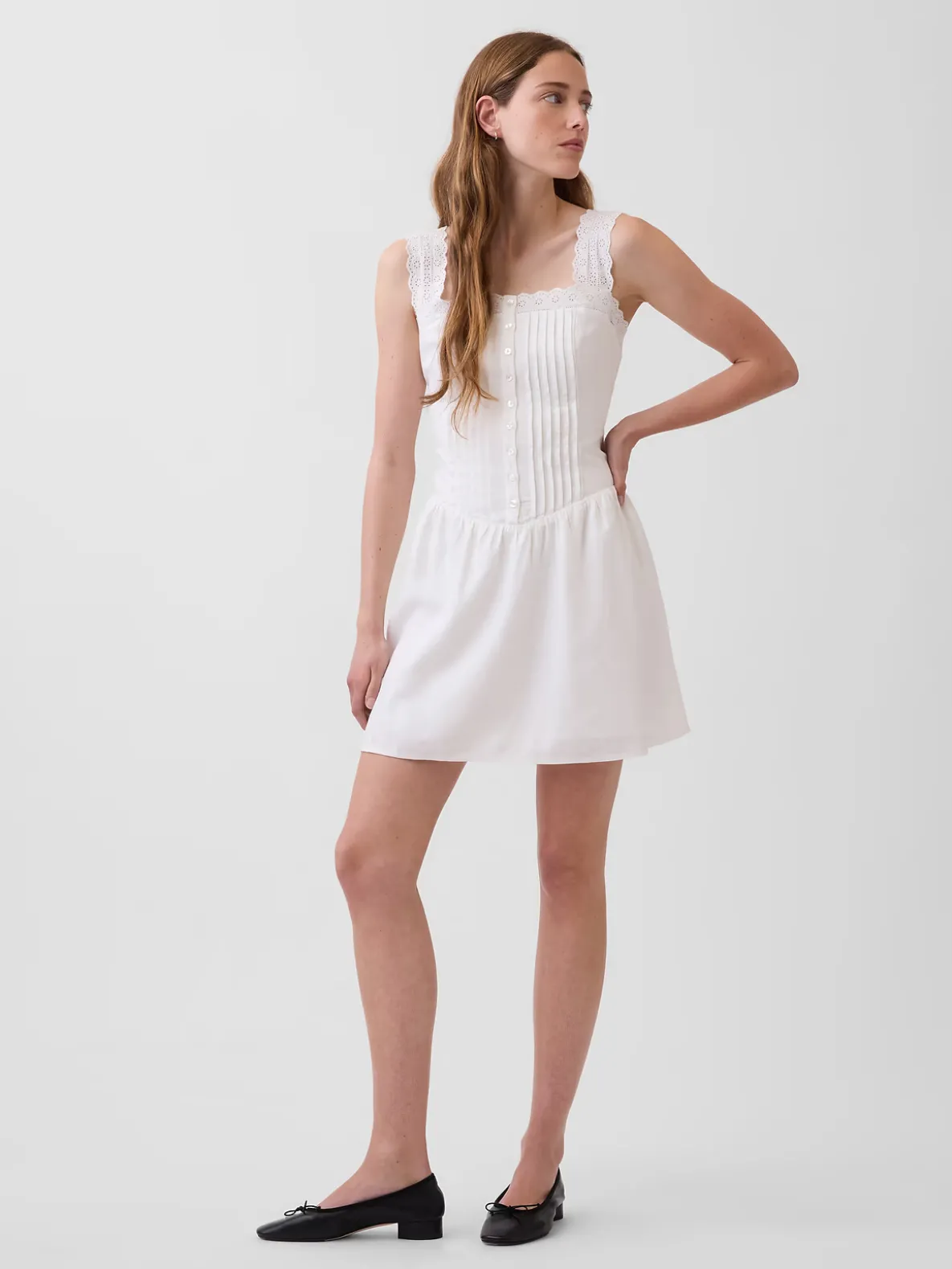 Pintuck Drop-Waist Mini Dress