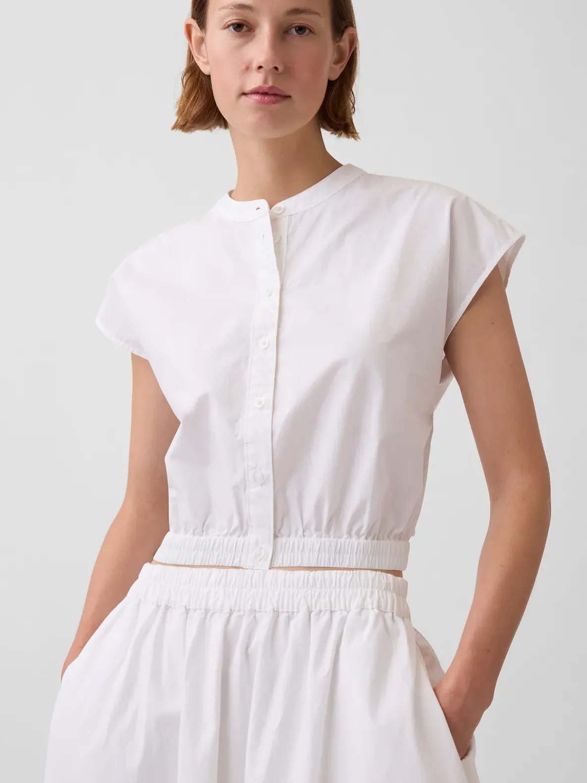 Poplin Cap-Sleeve Crop Shirt