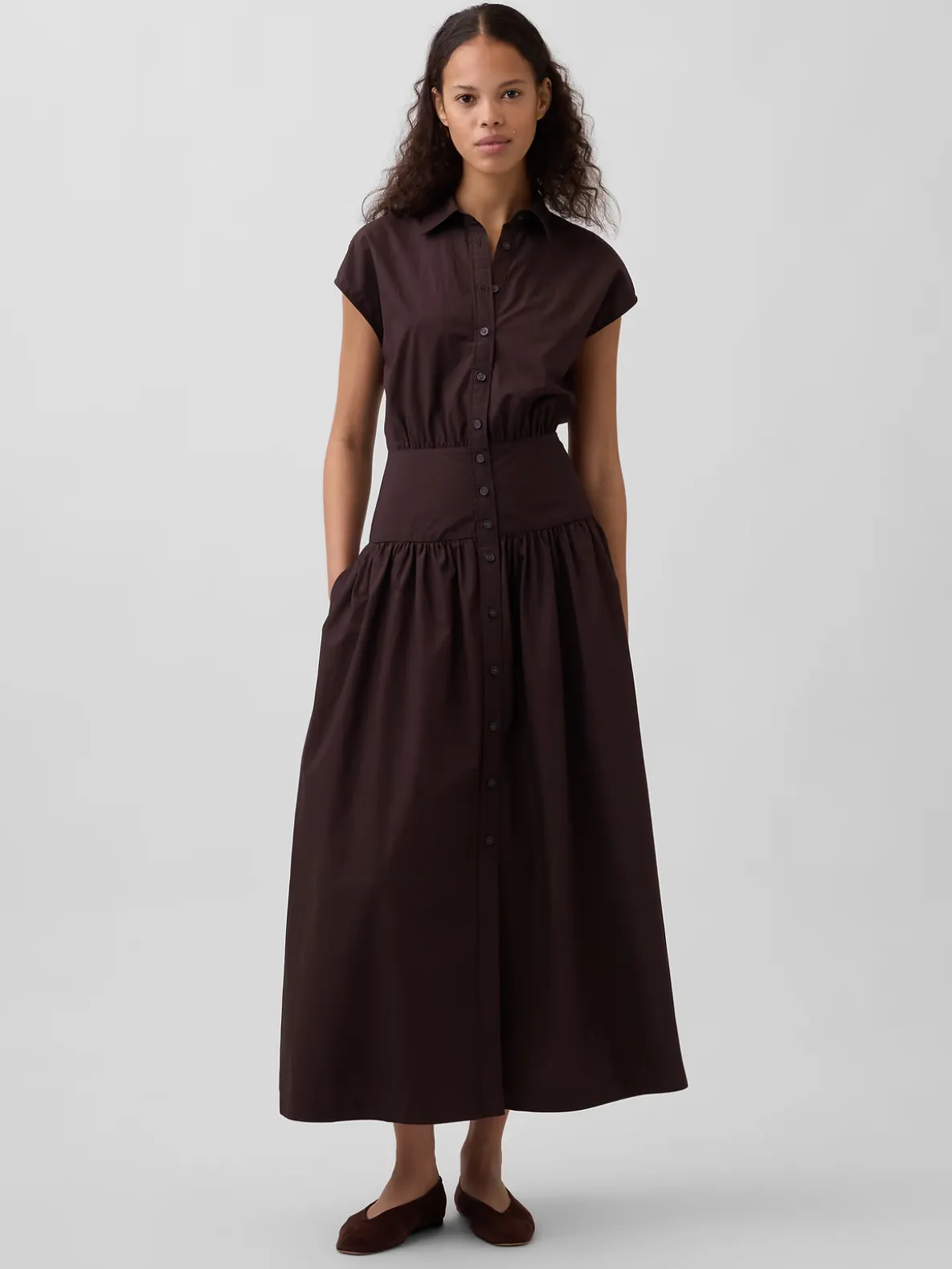 Poplin Drop-Waist Maxi Shirtdress