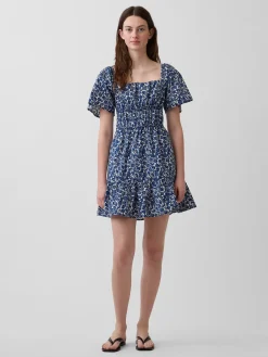 Poplin Flutter-Sleeve Mini Dress