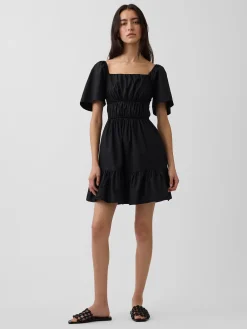 Poplin Flutter-Sleeve Mini Dress