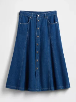 Seamed Denim Button-Front Maxi Skirt