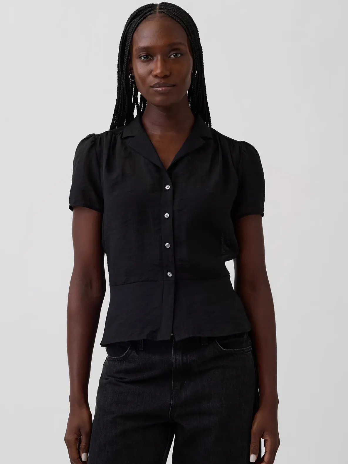 Sheer Button-Front Peplum Top