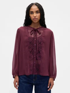 Sheer Recycled Lace Inset Tie-Neck Top